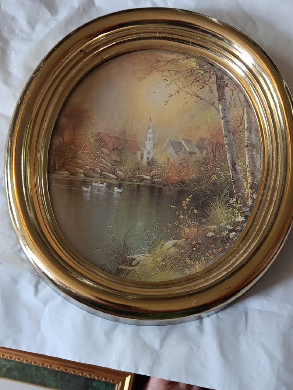 Round Gold Framed Landscape Wall Art - Church & Pond Scene Vintage Homco from 80